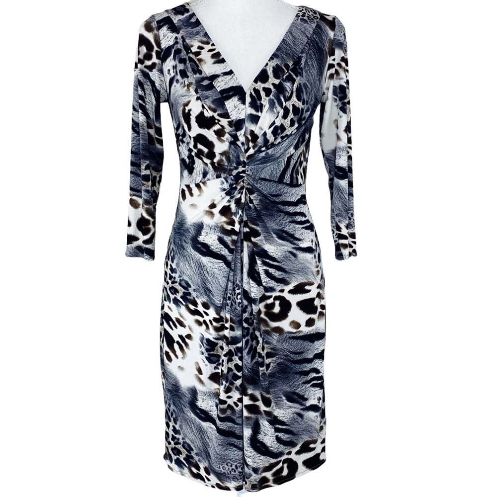 Madison Mixed Animal Print Ruched 3/4 Sleeve Sexy Slinky V-Neck Dress Size 4